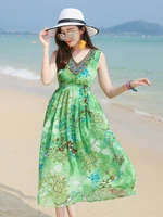 bohemia style women green blue sleeveless chiffon dresses beaded v neck calf length one piece empire beach dress2022 summer