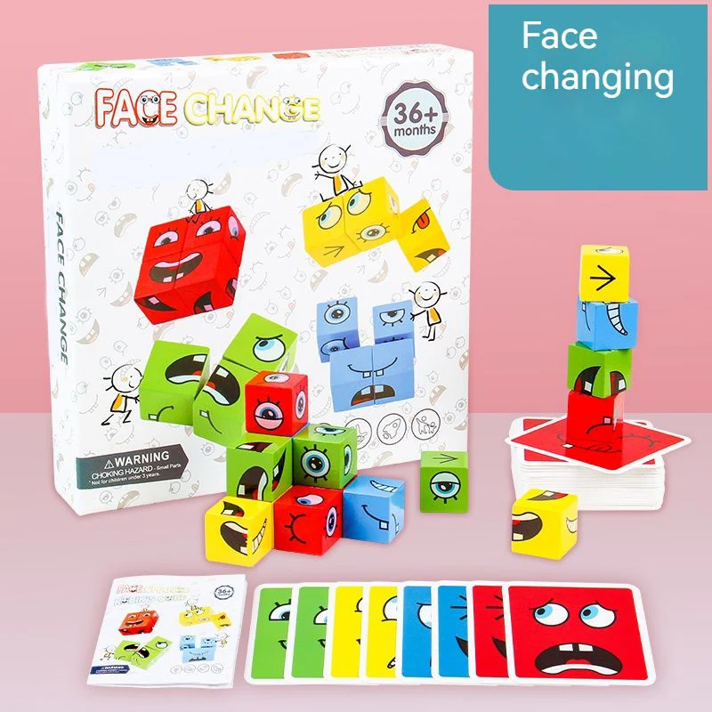 

Silentkid Wooden Toy Kids Puzzle Toy Building Blocks Face Changing Cube Expression Puzzle Parent Child Interactive Toy Gift Game