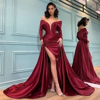mermaid evening dresses long luxury 2022 celebrity sexy high side slit pleats satin party bridesmaid prom gowns custom made