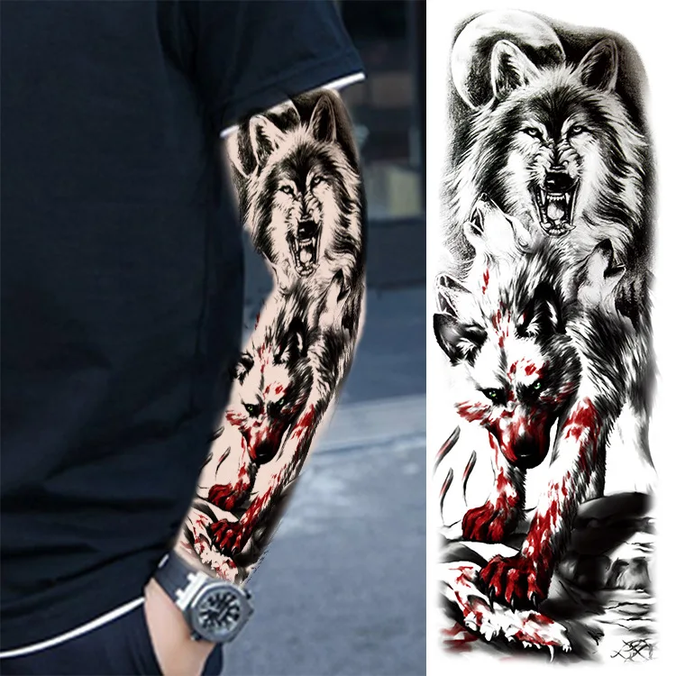

Temporary Tattoos Wolf Blood Domineering Full Arm Waterproof Stickers Men Body Decoration Body Art Durable Fake Tattoo Decals