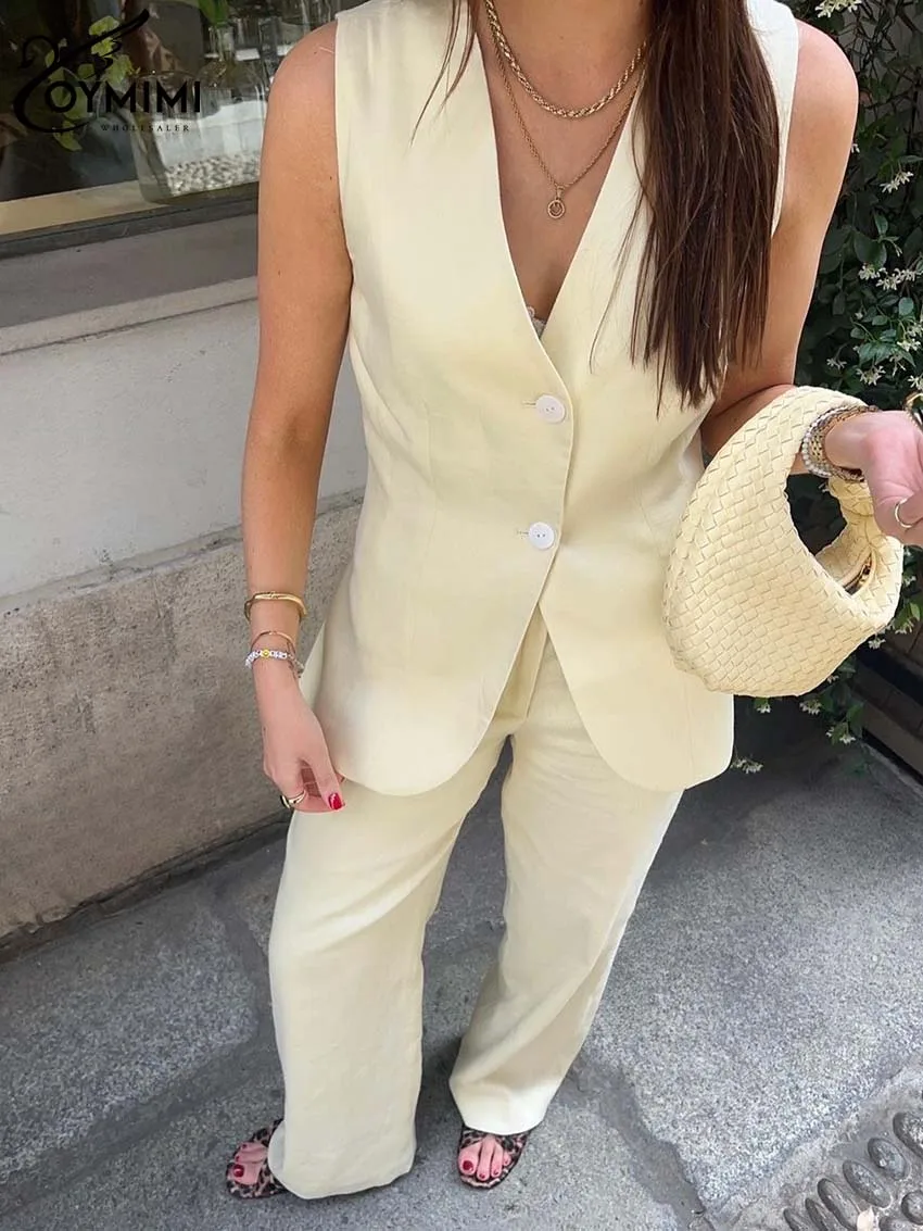 Oymimi повседневные бежевые хлопковые комплекты для женщин 2 штуки V-образный вырез