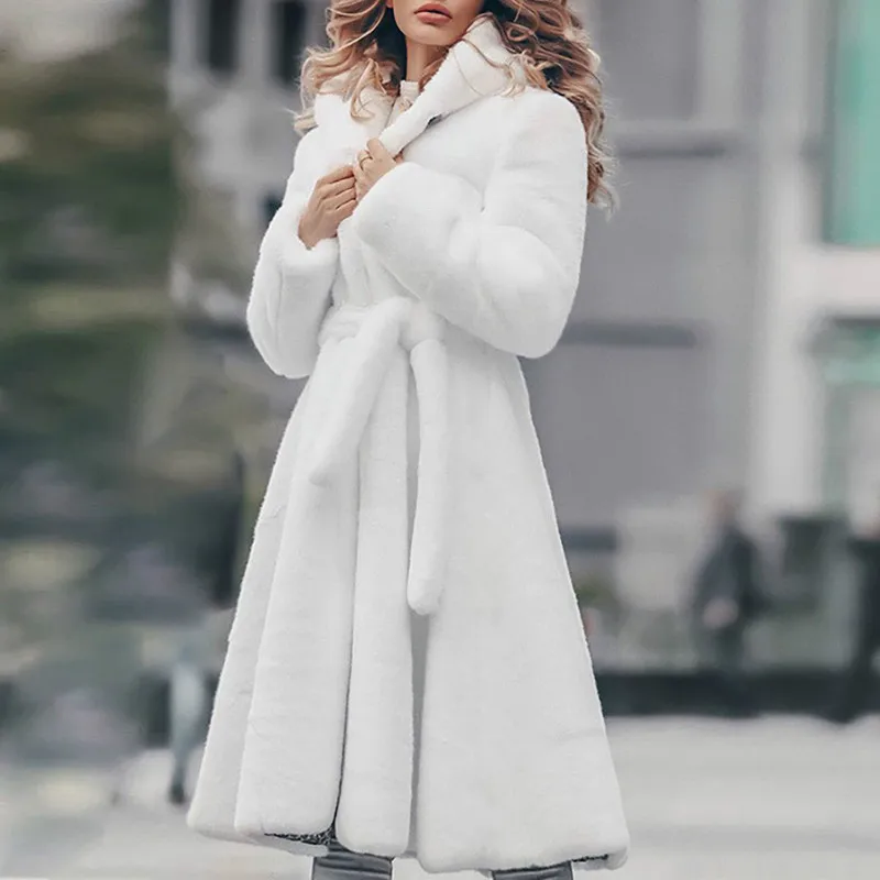 Long Faux Fur Coat Winter Thicken White Coats Lace-up Solid Color Hairy Plush Faux Fur Hooded Warm Jacket New Fashion Outwear