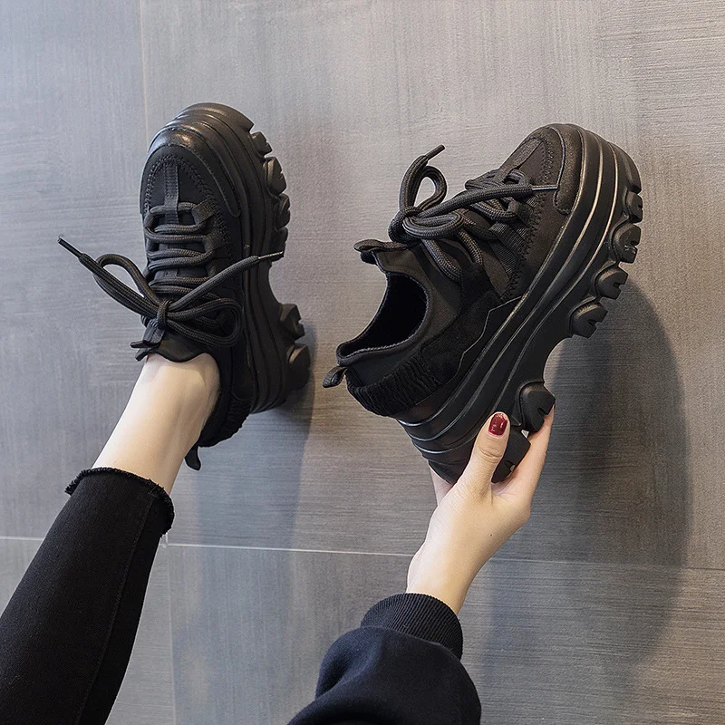 

2023 new women's high-heeled sneakers warm thick soled leather shoes suitable for spring, autumn and winter vulcanized shoes