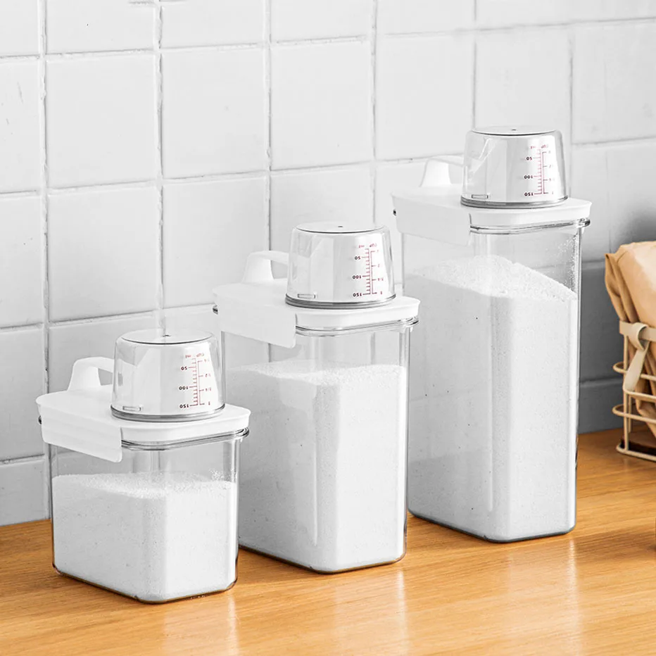 

Household Washing Powder Detergent Dispenser Multifunctional Grain Storage Container Pouring Measuring Cup Dustproof Belt Cover