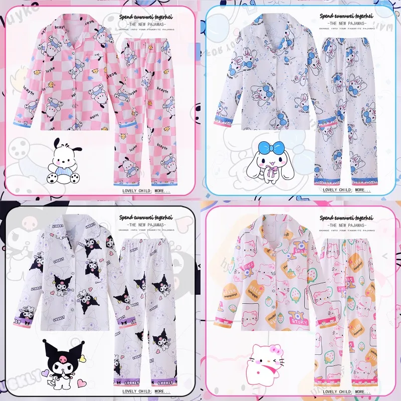 

Детский пижамный комплект Sanrio Cinnamoroll с длинными рукавами, мультяшный рисунок Hello Kitty Kuromi, осенняя Аниме Пижама, костюм, Студенческая детская одежда