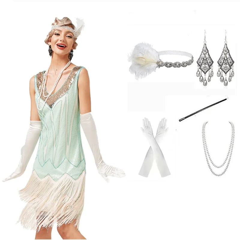 Women Halloween Accessories Costumes Set Dress V Neck Beaded Fringed Tassels Cocktail Prom Wedding Party 1920s 30S Flapper Dress