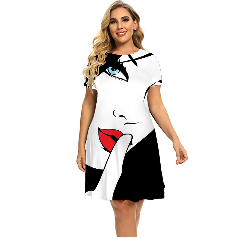 

3D Abstract Personality Lipstick Print Dress Women 2022 Summer Short Sleeve Fashion Dress Casual Round Neck Loose Clothing Plus