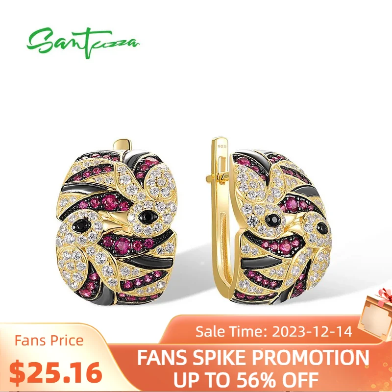 

SANTUZZA Genuine 925 Sterling Silver Earrings For Women Sparkling Created Ruby White CZ Cute Bird Elegant Animal Fine Jewelry