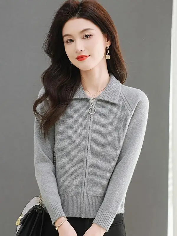 Lapel Zip-up Sweater Outerwear Women Short Autumn and Winter Small Knitted Top High Waist Casual Outdoor Fleece Cardigan
