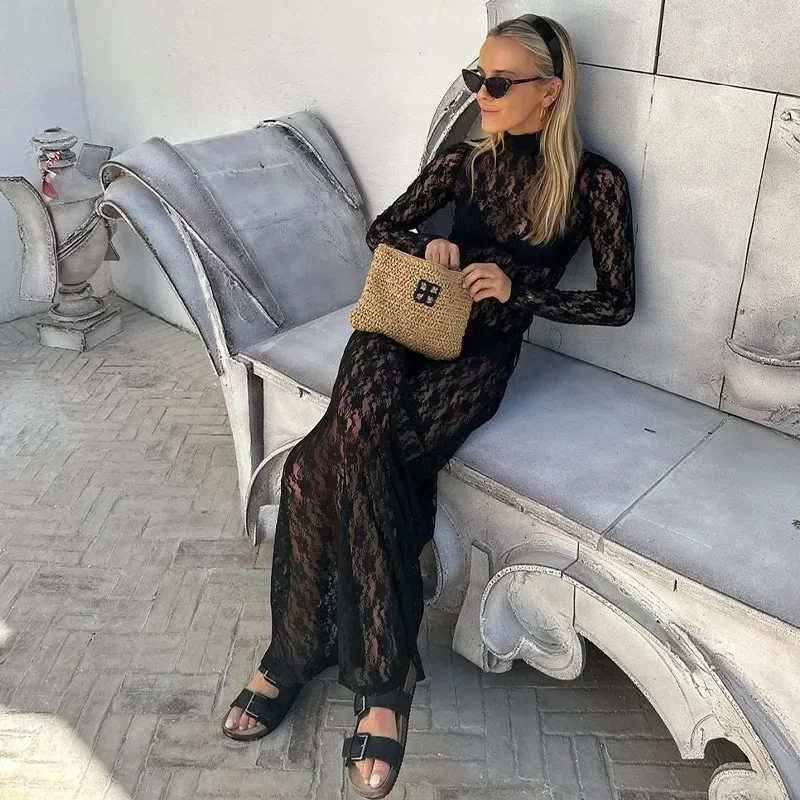 Осенние сексуальные кружевные прозрачные облегающие Макси-платья для женщин