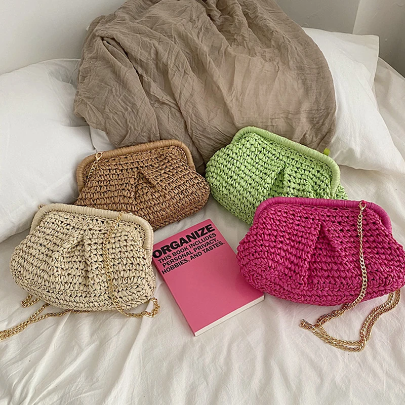 Женский соломенный клатч на застежке модный Дамский кошелек цепочке Пляжная