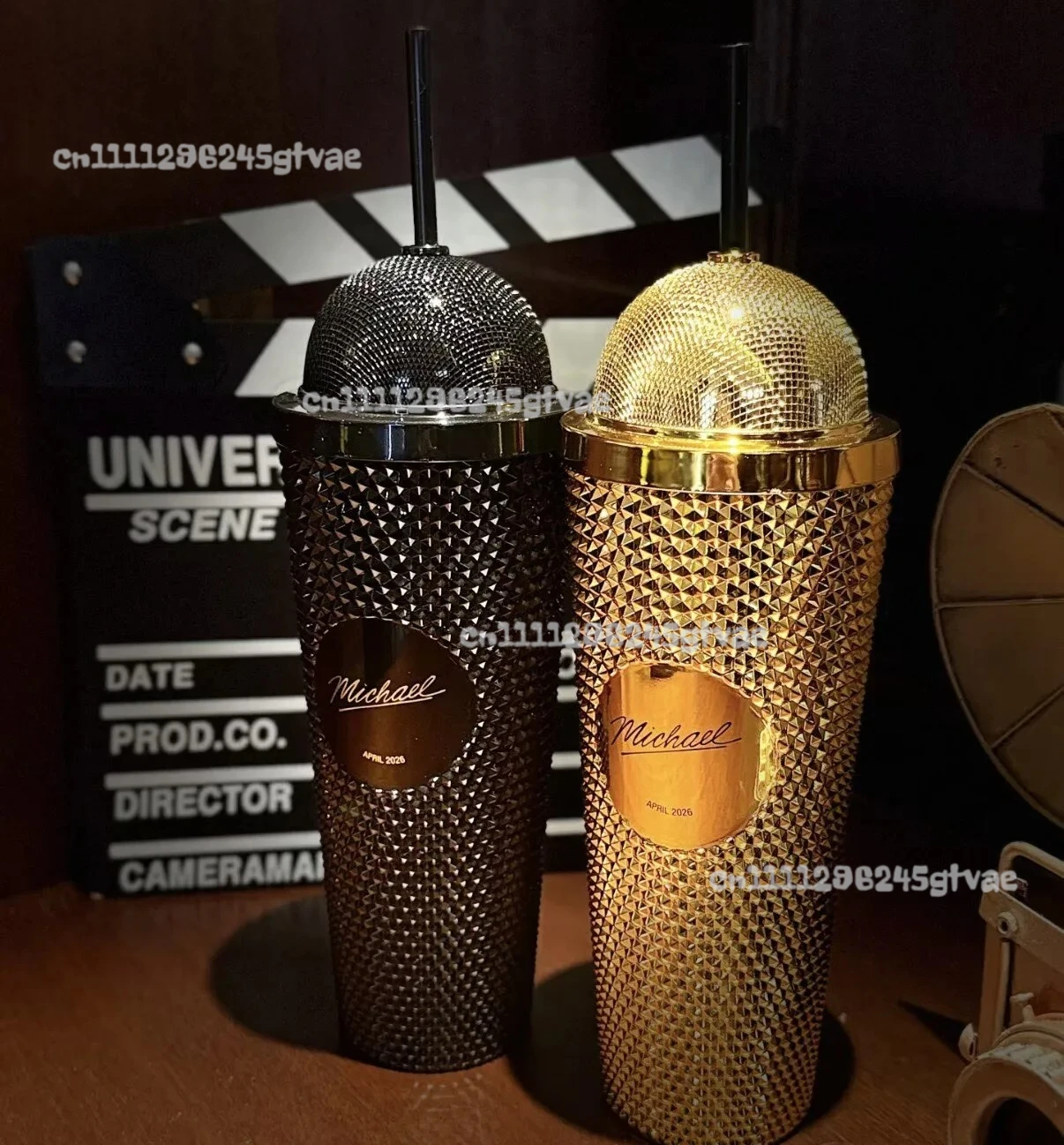 Фото Стакан с соломинкой Michael Rhine Stone Tumbler Bling, бутылка для воды с дизайном микрофона, сувенирная кружка в форме шляпы, ведерко для попкорна №3