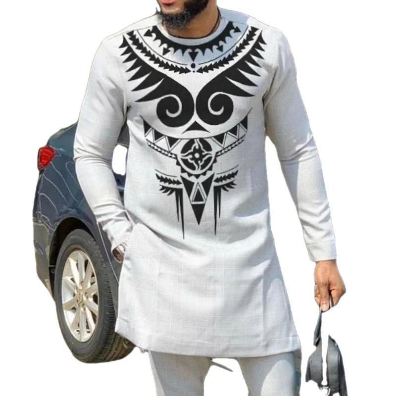 

Men African Design Printed Long Sleeve Shirt Trouser Set Gray Patchwork Tops With Pant 2pcs Suit Male Groom Suits