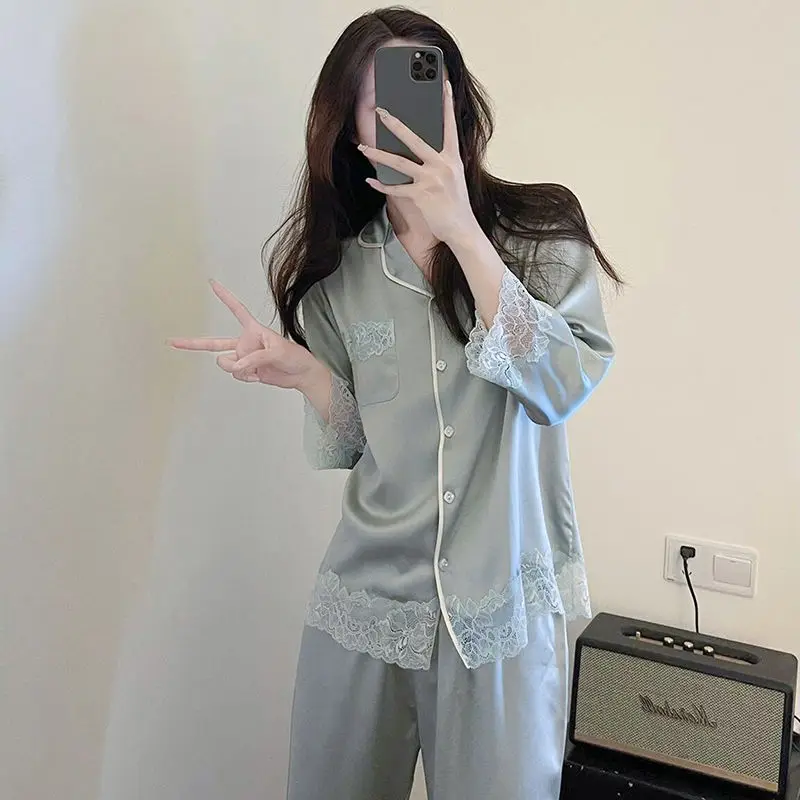 1 In 2023, the new French advanced ice silk long-sleeved pajamas women's spring lace home suit