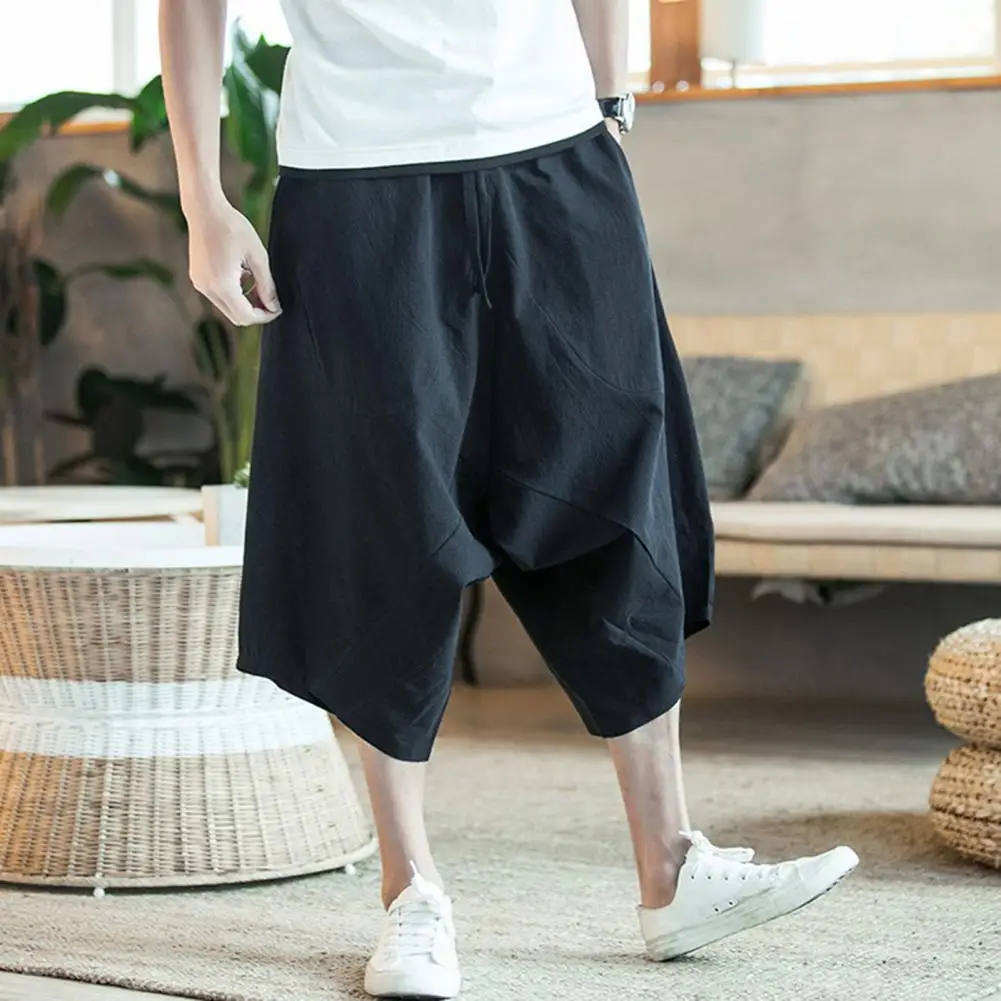 

Summer Trendy Solid Color High Waist Cropped Trousers Calf-length Cropped Trousers Drop Crotch for Daily Life