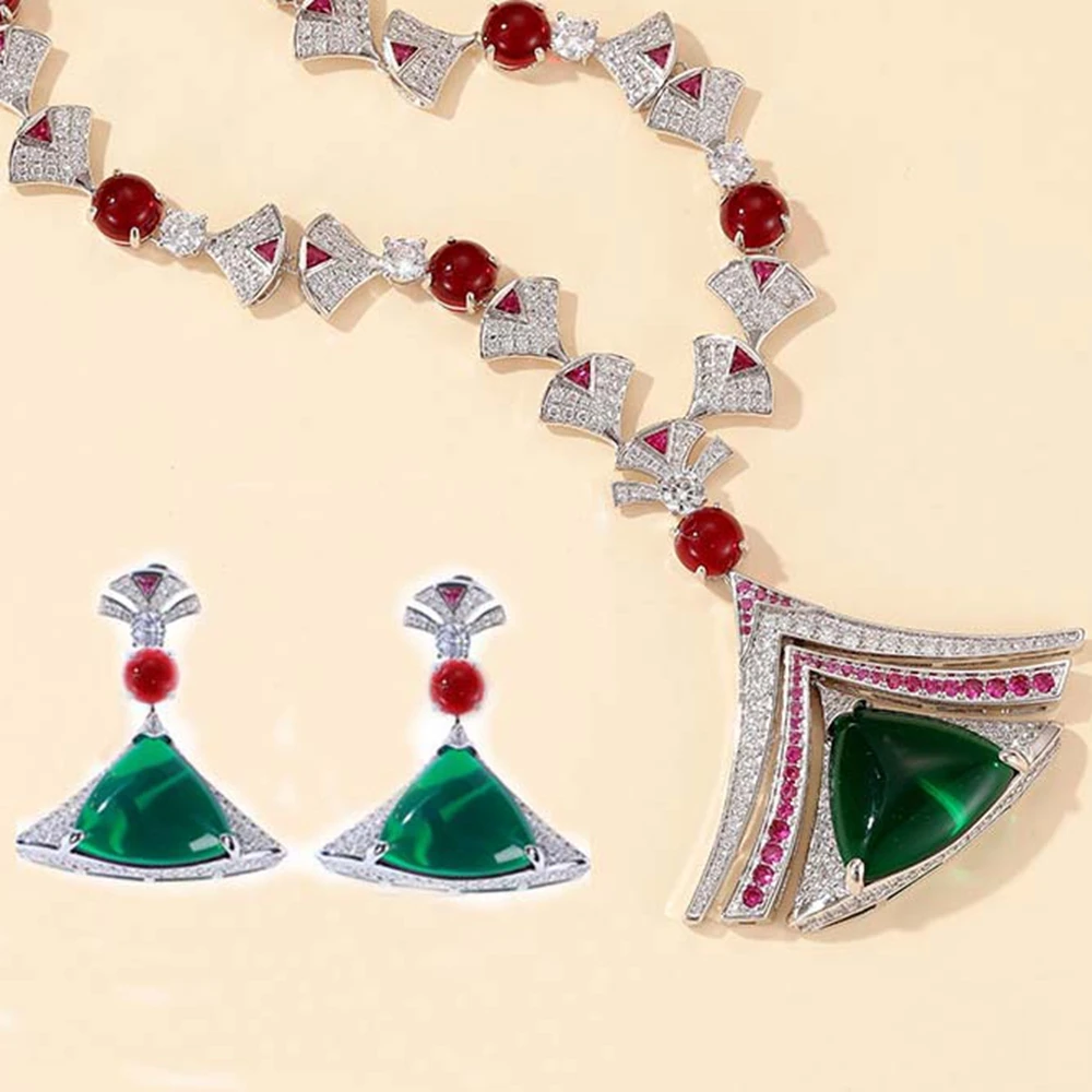 Emerald Green Color Red Agate Beads Drop  Earrings and Necklaces with AAA+ Zircon Diamonds Chain Jewelry Sets for women Party