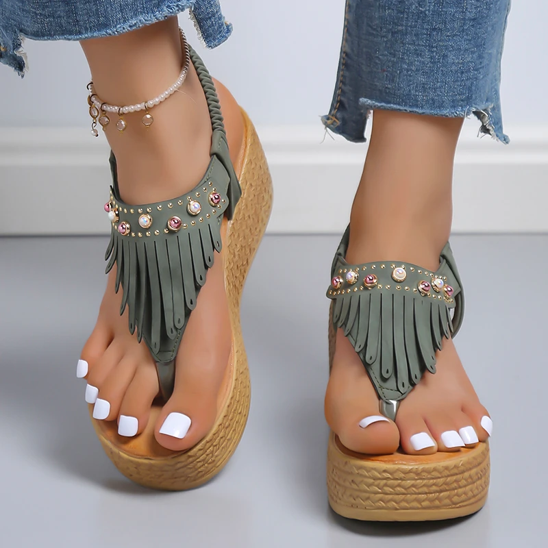 

Summer Clip Toe Women's Sandals Casual Slip on Platform Pumps Sexy Tassels Crystal Office Lady Sandals Female Wedge High Heels