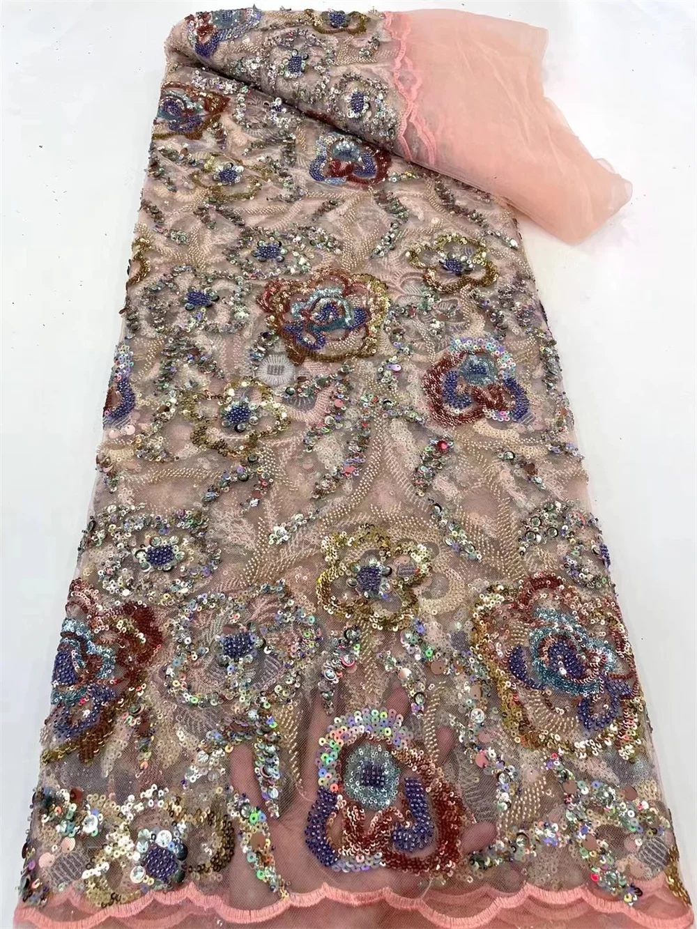

African Sequins Net Lace Fabric 2022 Blue Gold High Quality Lace Elegant Nigerian Wedding Lace Fabrics Sewing French QF0098