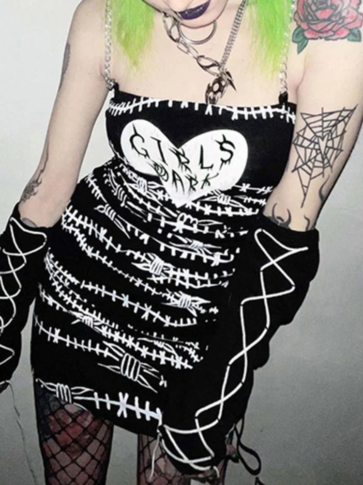 

Черное облегающее платье с принтом в готическом стиле, женское мини-платье на бретелях-спагетти с цепочкой, сарафан в стиле гранж y2k для косп...