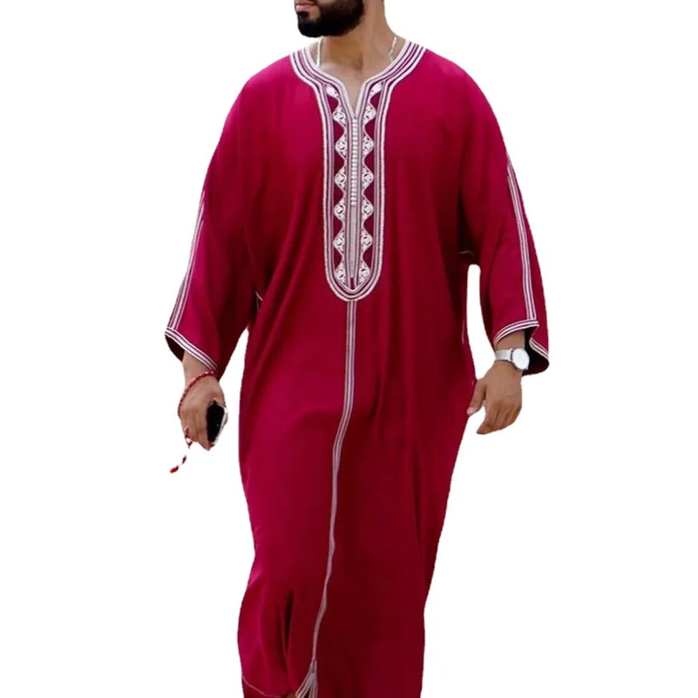 2022 Summer New Red National Style Men's Long Shirt Muslim Robe Pullover Islamic Clothing De Moda Musulmana Arabic Abaya Mens