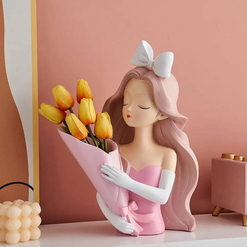 

TingKe modern minimalist ins bouquet girl resin sculpture vase Ornaments living room TV cabinet porch desktop home decoration