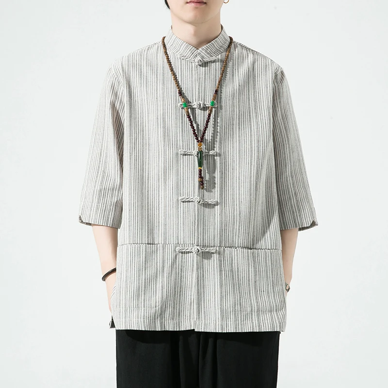 

Spring and Summer New Chinese Wind Men's Tops Tang Linen Half-sleeve Striped Traditional Kung Fu Hanfu Shirt Large Size M-5XL