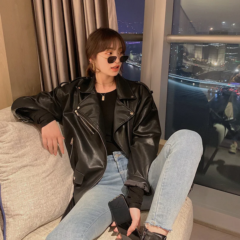 Brown Khaki Leather Coat Vintage Leather Women's Spring 2022 Loose Short Motorcycle Clothing Leather Jacket  Faux Leather