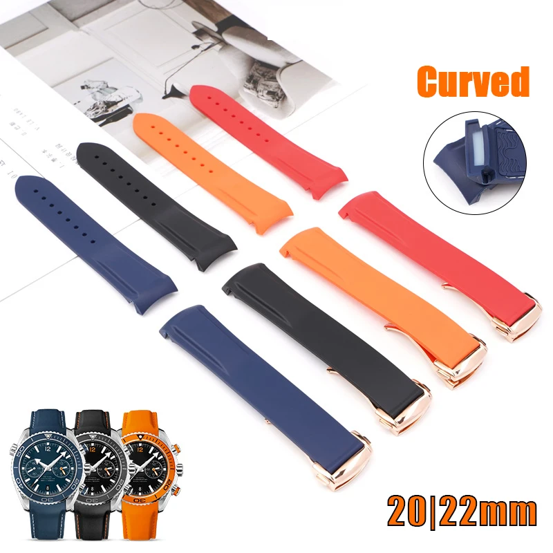 20/22mm Rubber Strap for Omega Seamaster 150/300/600 Curved End Stainless Steel Folding Buckle Men Quality Replace Watch Band