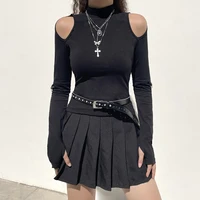 women hollow out slim fit t shirt solid color mock neck shoulder long sleeve pullover tops for spring autumn