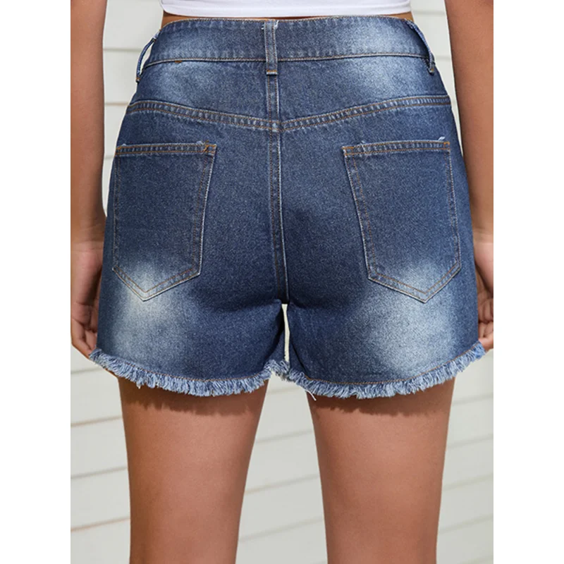 Denim Shorts 2023 Women's Tassel Shorts Washed Ripped Mid Waist Women's Denim Shorts Splicing