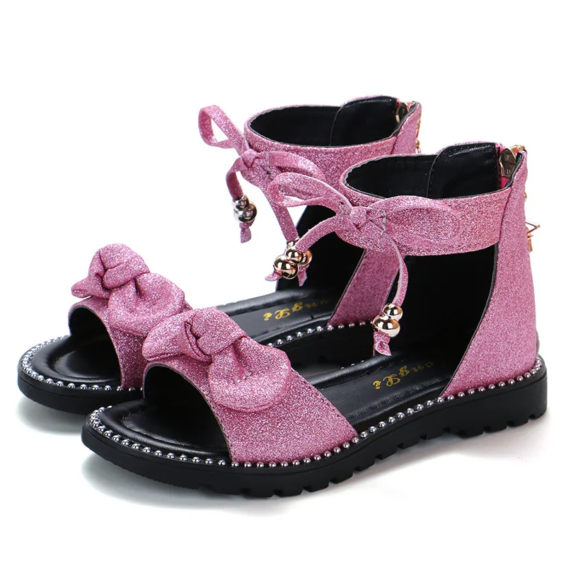 

New 2022 Summer Girls Sandals Fashion Bowknot Zipper Princess Girls Shoes Children Kids Baby Party Flat Sandals Shoes A857