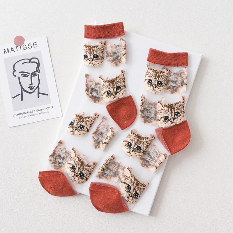 Japanese Transparent Cute Cartoon Cat Print for Women Harajuku Fashion Spring Summer Ultra-thin Funny Silk Socks Kawaii Socks