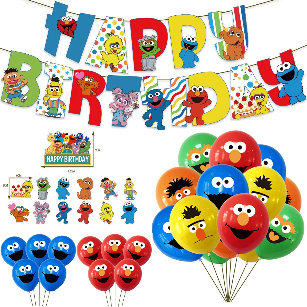 Sesame Street Birthday Party Decoration Cartoon Elmo Cookie Monster Pull Flag Banner Cake Insert Card Latex Balloon Kid Supplies