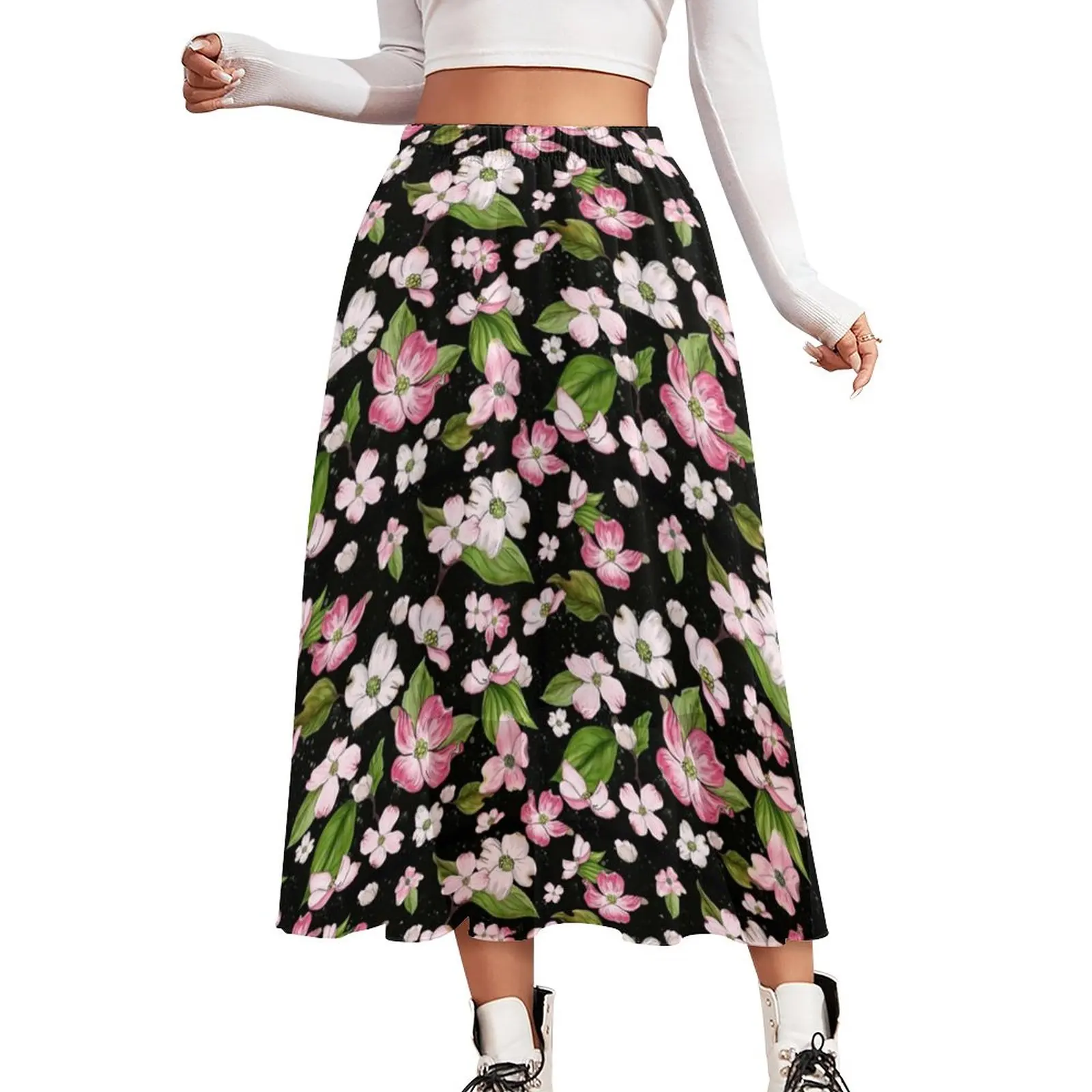 

Green Leaves Chiffon Skirt Dogwood Flower Print Harajuku Long Skirts Woman Kawaii Boho Skirt Print Clothing Gift Idea