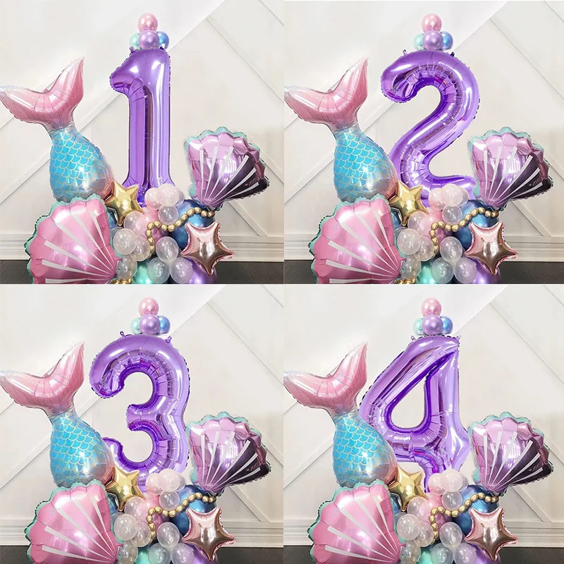 

33Pcs Birthday Number Balloons Set 40Inch 0-9 Number Foil Balloon Mermaid Tail Foil Balloons Birthday Baby Shower Party Decor