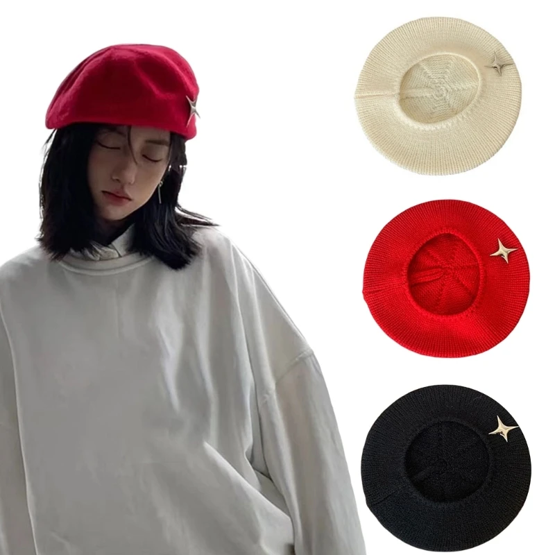 

Knit Beret Hat Star French Beret Hat Knit Painter Hat Women Slouchy Beret Newsboy Hat All-Match For Square Face Dropshipping