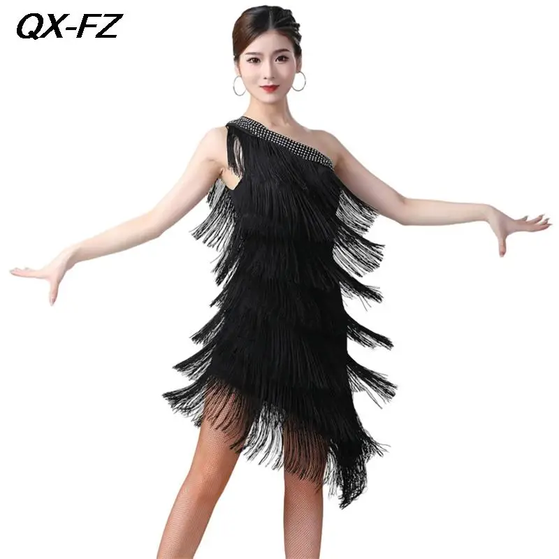 

Женское платье для латиноамериканских танцев на одно плечо, женское элегантное платье с блестками, танцевальное платье с бахромой для взрослых, костюм для танцев