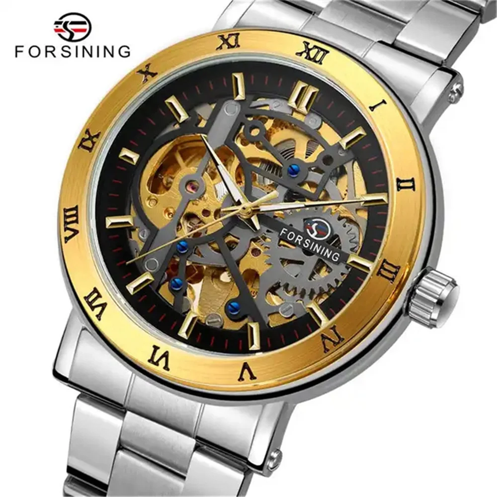 

Forsining 276 Skeleton Mens Watch Rotatable Bezel Luxury Roman Automatic Mechanical Watches Stainless Steel Band Wristwatch