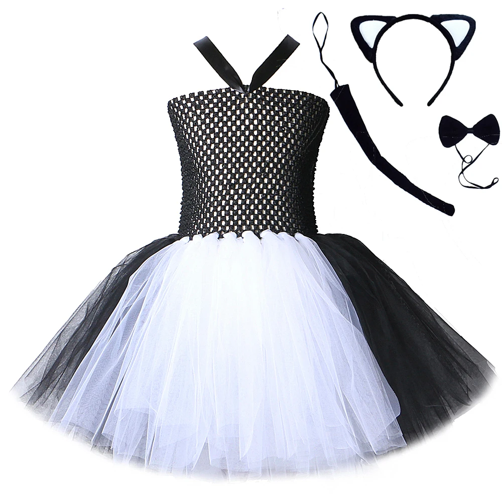 

White Black Cat Kids Halloween Costume for Girls Tutu Dress Toddler Baby Girl Animal Cosplay Dresses Cute Child Clothes Outfits