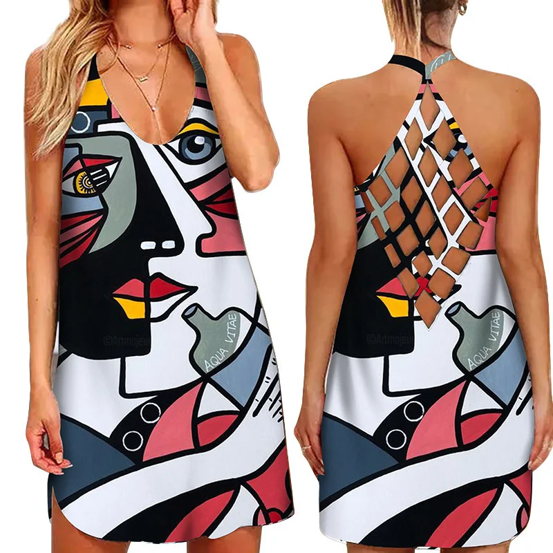 

Sexy Women Mini Sundress 2022 Fashion 3D Graffiti Abstract Printed Hollow Suspender Skirt Vintage Dress Summer Boho Casual Dress