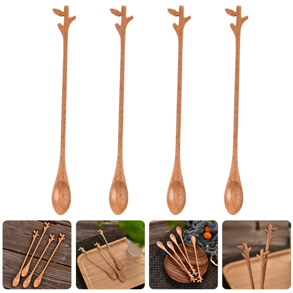 

4 Pcs Decor Wood Stirring Spoon For Mixing Coffee Spoons Dessert Long Handle Ice Tea Wooden Delicate Home