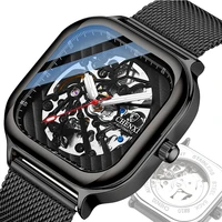 watch mens student casual square automatic mechanical watch skeleton waterproof mens watch