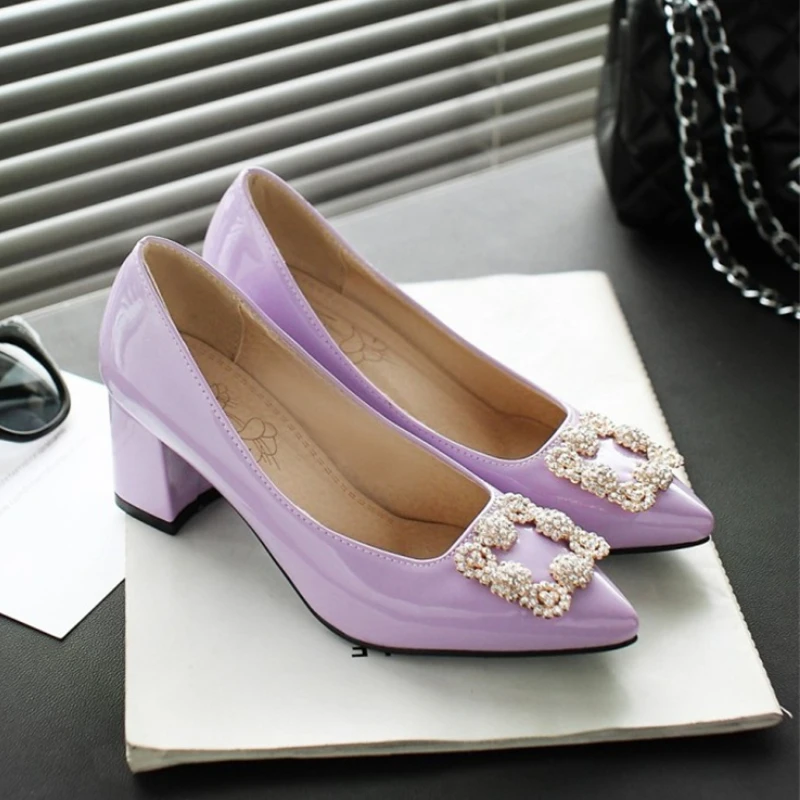 

Plus Size 46 Women Autumn Pumps Pointed-toe Elegant Fashion 6cm Thick High Heels Womans Office Dress Patent Leather Bridal Shoes