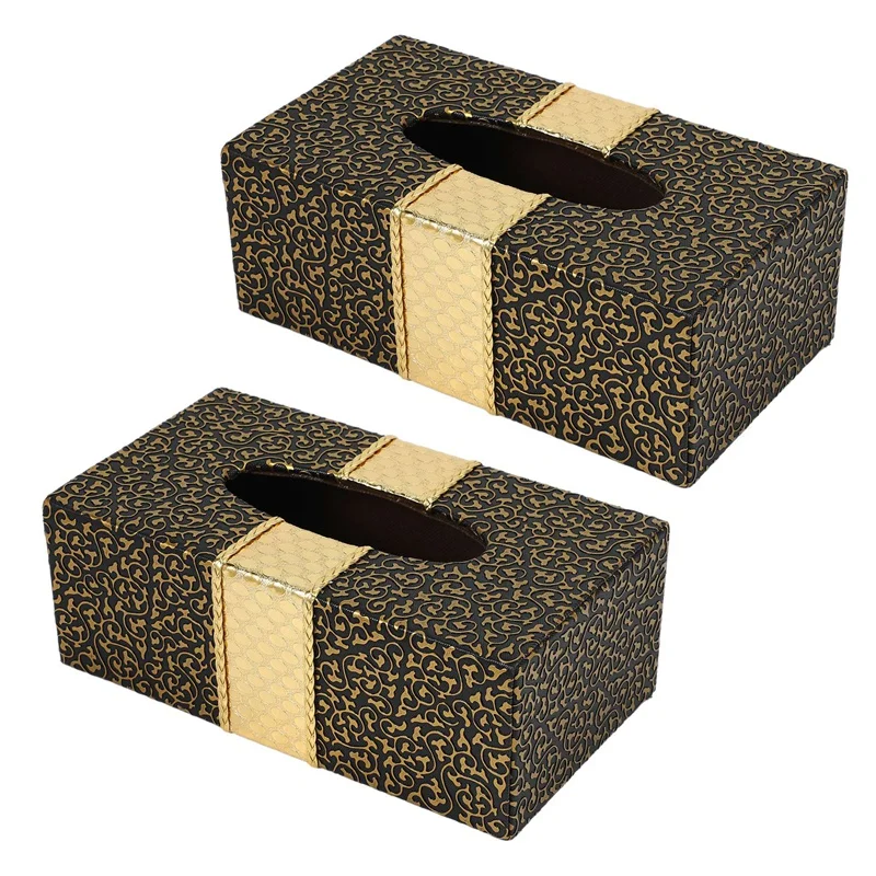 

2X Car Home Rectangle Shaped Tissue Box Household Living Room Desktop Napkin Tissue Holder Black&Gold