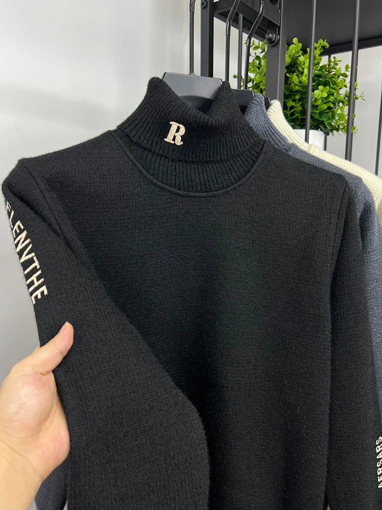 Мужской пуловер из шерсти с вышивкой бархатный свитшот высоким воротом толстый