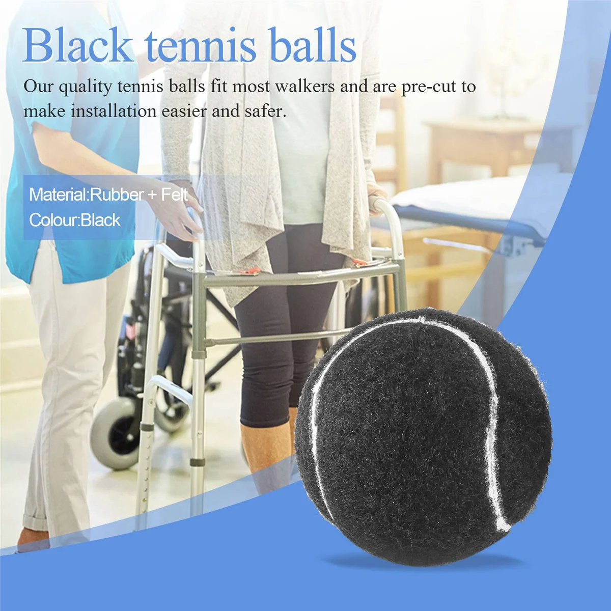 2 PCS Precut Walker Tennis Ball for Furniture Legs and Floor Protection Heavy Duty Long Lasting Felt Pad Covering Black