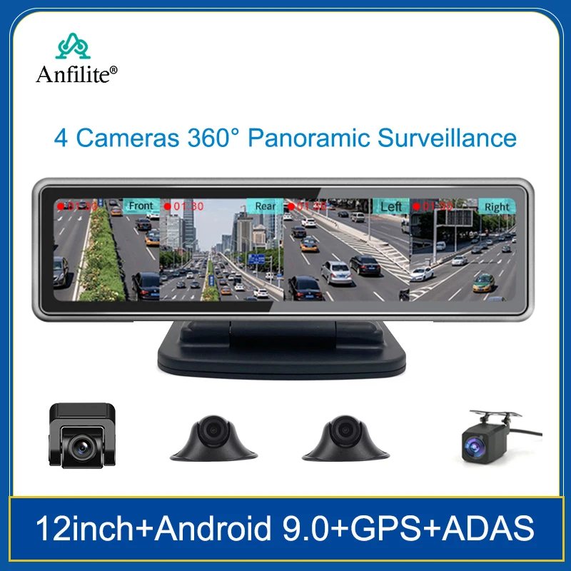 Видеорегистратор, 4 камеры, 12 дюймов, сенсорный экран, 4G, Android 9,0, Wi-Fi, ADAS, GPS, панорамный видеорегистратор на 360 °, 4 канала, монитор парковки, 2 ГБ + 32 ГБ