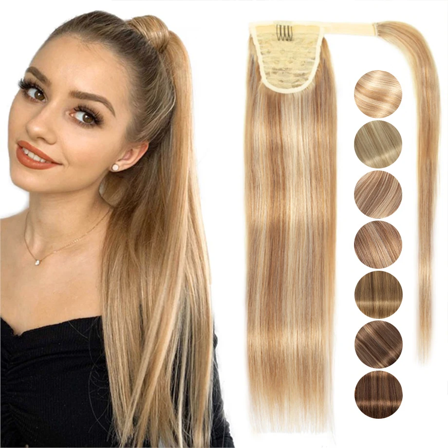 Straight Ponytail Hair Extention Human Hair Wrap Around Clip In Ponytail Hair Brazilian Natural Highlight Blonde Hair TODAY ONLY