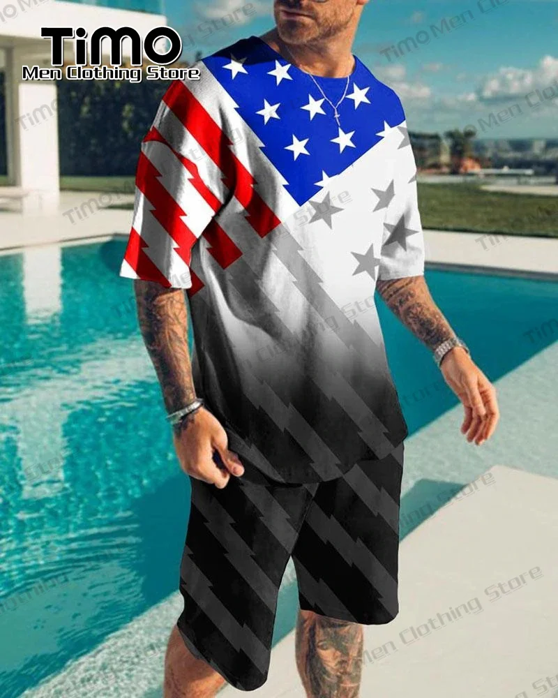 2023 New Men's Printed T-shirt Set Street Fashion Trend Casual Clothing Loose Oversized T-shirt+Shorts Set Men's 2-Piece Set