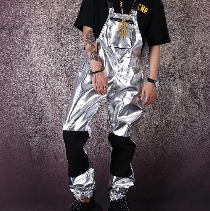 

One-piece Silver Jumpsuit Men Nightclub Bar Singer Dancer Stage Show Hip-hop Fashion Bib Pants